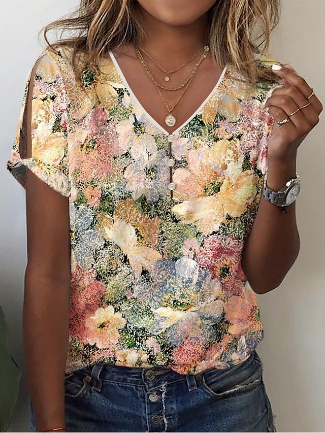  Femme T shirt Tee Floral Bouton Découpé Imprimer Vacances Fin de semaine basique Manche Courte Col V Jaune