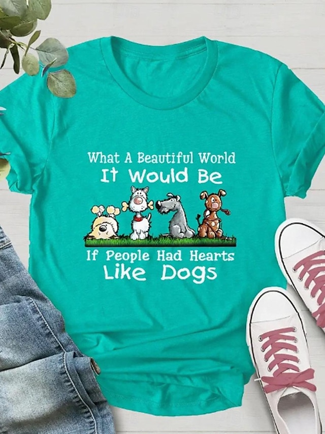  Camiseta Feminina 100% Algodão Básica Impressão de Letra de Cachorro Manga Curta Topos Regulares Decote Redondo Diário Verde Verão