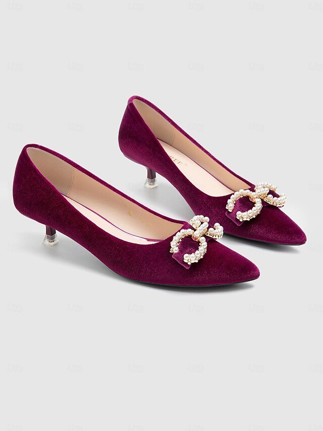 Women's Burgundy Velvet Kitten Heel Pumps with Pearl Bow - Elegant Dress Shoes for Parties, Weddings, and Special Events2