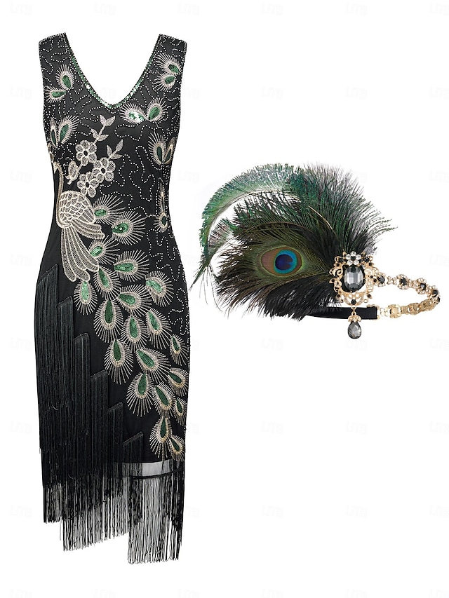  Retró Ordító 20-as évek 1920-as évek Flapper ruha Flapper fejpánt A nagy Gatsby Flapper lány Esküvői Vendég Flitter Rojt Toll Jelmez Női Menyegző Ruha Klub Felnőttek Ruha Fejfedők Hazatérő ruhák
