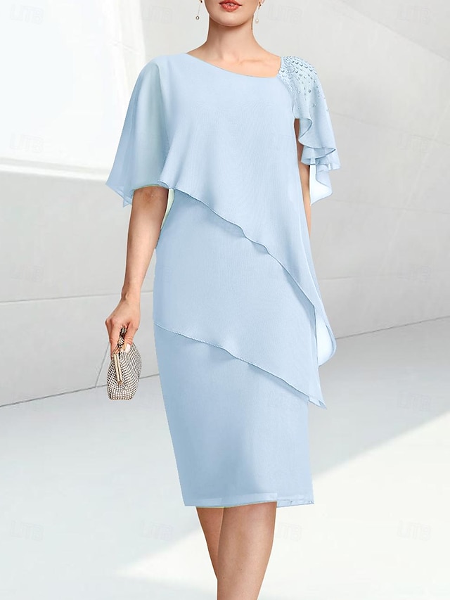  Šaty matky nevěsty sheath na plážovou svatbu Elegantní drahý výstřih ke kolenům chiffon poloviční rukáv s korálky volné vlastní velikosti