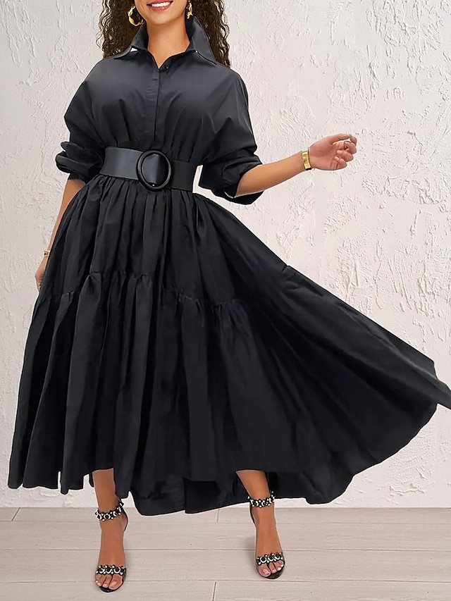  robe noire Robe chemise Femme Robe Maxi A Volants Soirée Travail basique Grande occasion Col de Chemise manche longue Standard Noir Blanche Bleu S M L XL 2XL