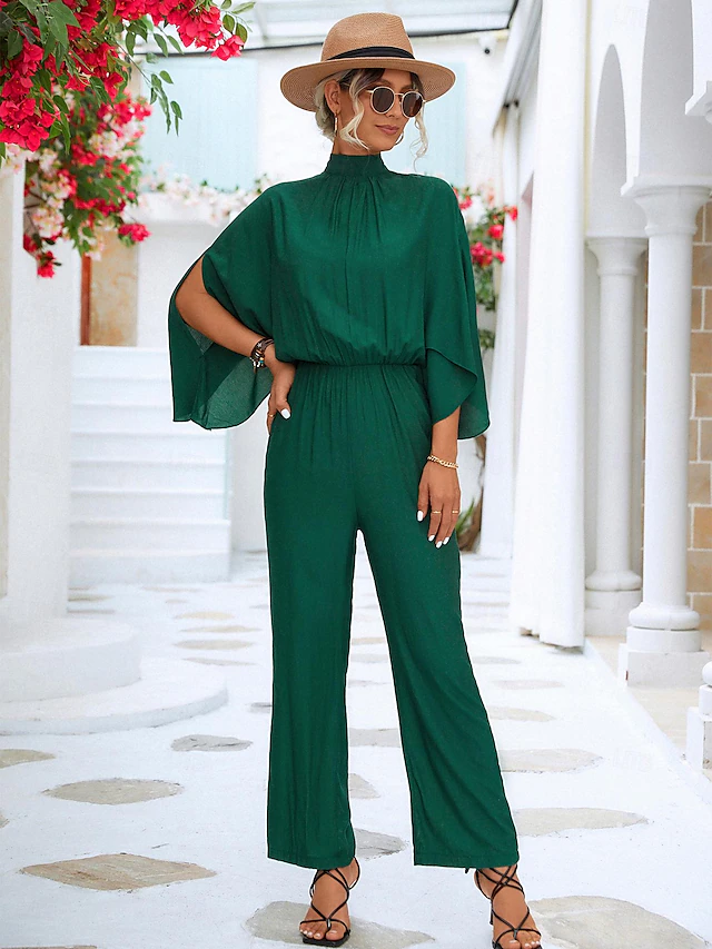 Women's Normal Jumpsuit Elegant Solid Color 3/4 Length Sleeve Batwing Sleeve Wide Leg Turtleneck Pleated Work Loose Fit Black Green Summer 6
