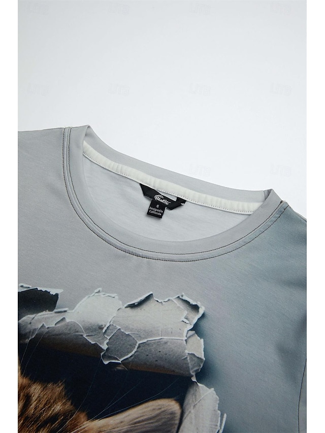  Women's T Shirt Fashion Cat Print Short Sleeve Regular Tops Round Neck Daily Weekend Gray Summer 3D cat