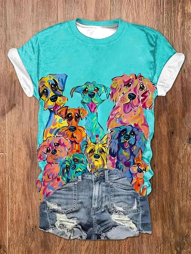 Women's T Shirt Stylish Casual Print Short Sleeve Regular Tops Crew Neck Daily Green Summer4