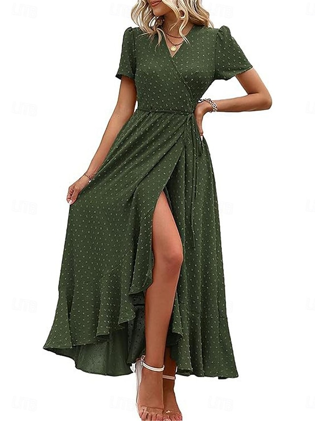  Damen Casual kleid Maxidress Rüsche Patchwork Verabredung Urlaub Strassenmode Maxi V Ausschnitt Kurzarm Marineblau Blau Armeegrün Farbe