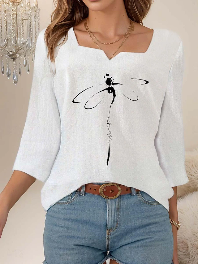 Women's Blouse Animal Elegant 3/4 Length Sleeve Notched Neck Regular Tops Daily Linen Like Going out Print White Summer 8