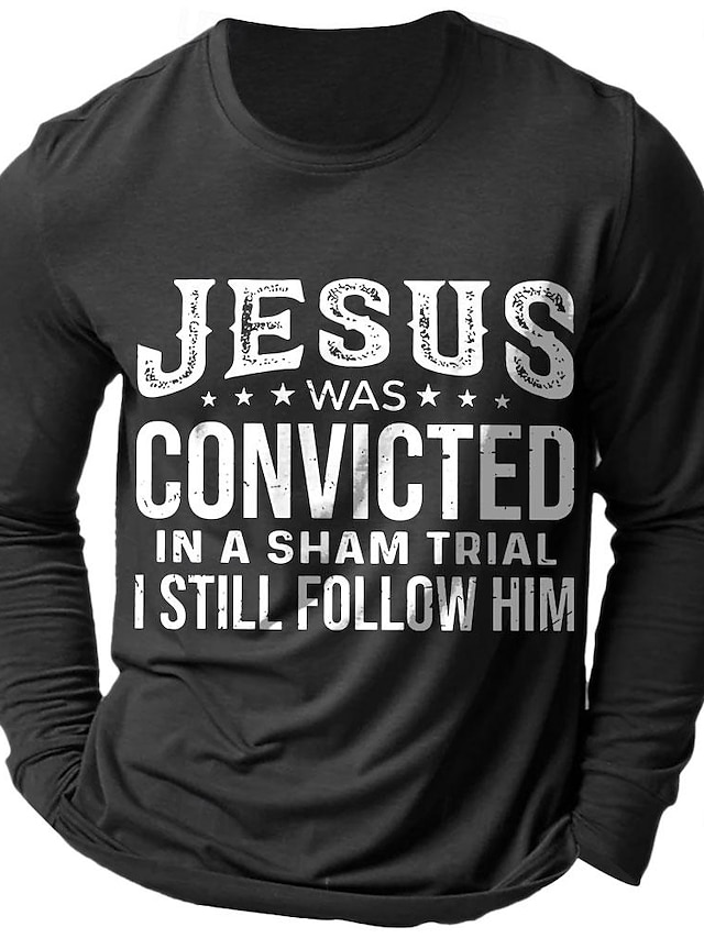  تي شيرت طويل الأكمام مسيحي للرجال بتصميم رسومي 'يسوع أدين في محاكمة مزيفة ما زلت أتبع عليه' ملابس إيمانية