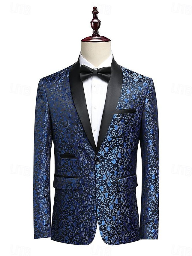  Men's Blazer Jacket Tuxedo Shawl Collar Party Luxury Jacquard Blazer Blue khaki Standard Fit Single Breasted One-button