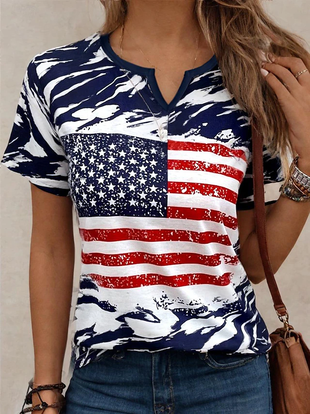 Women's Patriotic T Shirt American Flag Camo Print Red White And Blue Short Sleeve V Neck Button Detail Casual Summer Top Regular Plus Size Clothing Apparel 11