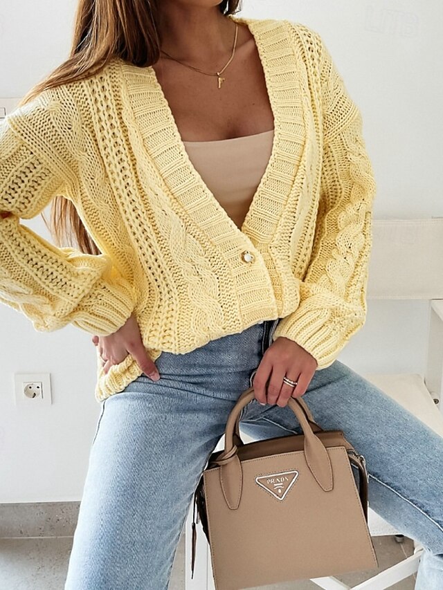 Per donna Cardigan Elegante Informale Tinta unica Cavi A V Bottoni Manica lunga Top regolari Maglia Giornaliero Bianco Giallo Primavera Autunno