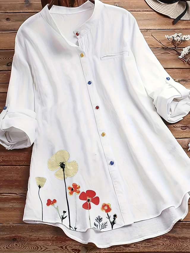 Women's Plus Size Blouse Flower Casual Long Sleeve Shirt Collar Regular Tops Daily Print White All Seasons4