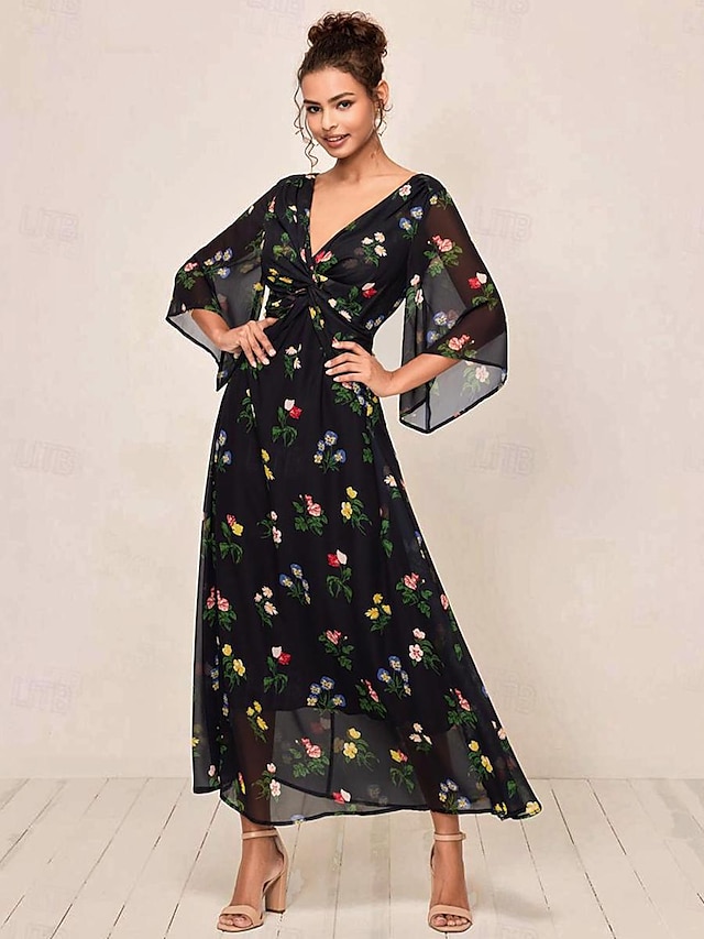  Per donna Vestito maxi Abito linea A Elegante Moda Manica svasata Invitati del matrimonio Giornaliero Cocktail party Standard Floreale Manica a 3/4 A V Nero Estate Autunno