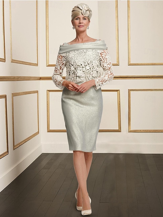 DingjiSheath / Column Mother of the Bride Dress Wedding Guest Elegant Square Neck Knee Length Satin Lace Half Sleeve with Bow(s) Ruching