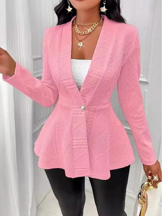 Women's Blazer Office / Career Daily Fall Winter Regular Coat Regular Fit Windproof Breathable Stylish Lady Jacket Long Sleeve Plain Ruffle Black White Pink 6