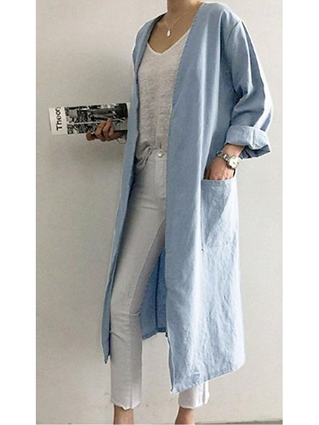  Dam Eleganta dammvippor Eleganta jackor Trenchcoat Kontor Arbete Vår Höst Lång Täcka Lös passning Modern Stil Jacka Långärmad Ensfärgat Slät Ficka Förstoringar Ljusblå Khaki grön Grå