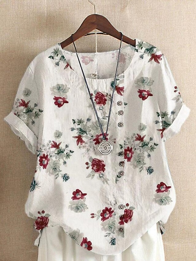 Women's Shirt Blouse Cotton Linen Shirts Floral Casual Short Sleeve Crew Neck Regular Tops Vacation Daily Buttons Print White Summer 6