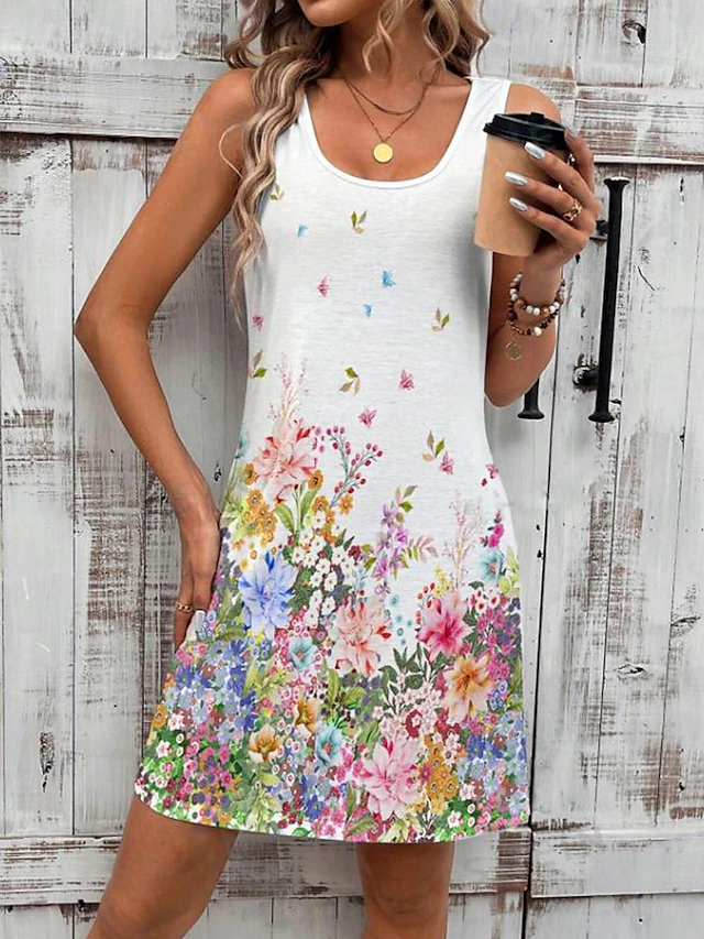 Women's Mini Dress Petite Dress Sundress Tank Dress Summer Dress Cute Casual Vacation Daily Holiday Loose Fit Floral Sleeveless Crew Neck White Summer4