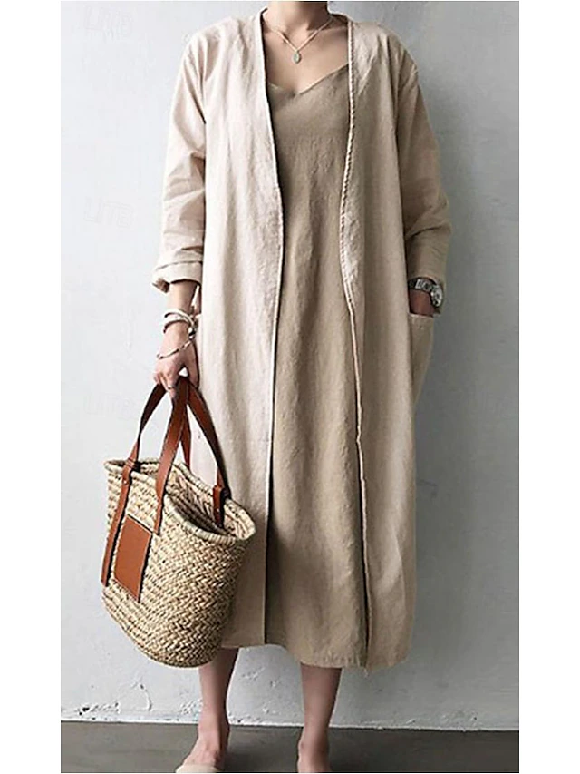 Women's Dressy Dusters Dressy Jackets Trench Coat Office Work Spring Fall Long Coat Loose Fit Modern Style Jacket Long Sleeve Solid Color Plain Pocket Oversized Light Blue khaki Grey 7