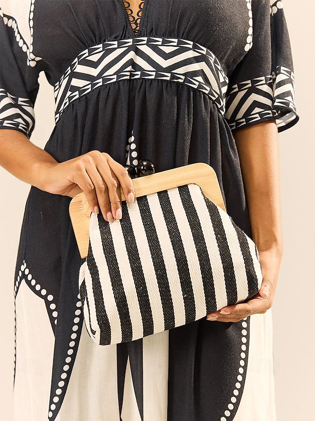  női csíkos vászon crossbody táska – retro favázas kis válltáska állítható pánttal – fekete és bézs, ideális hétköznapi kirándulásokhoz és utazásokhoz