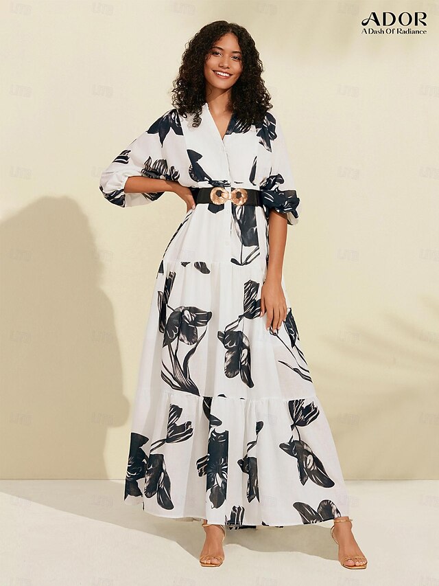  Női Swing ruha Nyomtatott ruha Maxi hosszú ruha Fekete-Fehér Virág / Növények Farmer Övvel Nyár V-alakú Szabadság minta ruha S M L