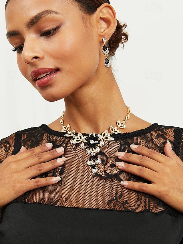  elegante sieradenset met zwarte edelstenen en kristallen - goudkleurige ketting en oorbellen voor avondkleding en speciale gelegenheden