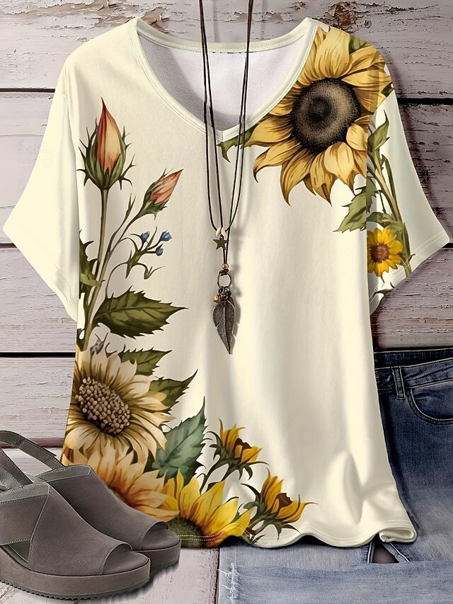 Women's T Shirt Casual Sunflower Print Short Sleeve Regular Tops V Neck Daily off-white Summer4