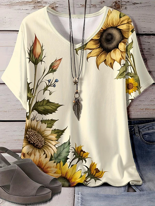 Women's T Shirt Casual Sunflower Print Short Sleeve Regular Tops V Neck Daily off-white Summer4