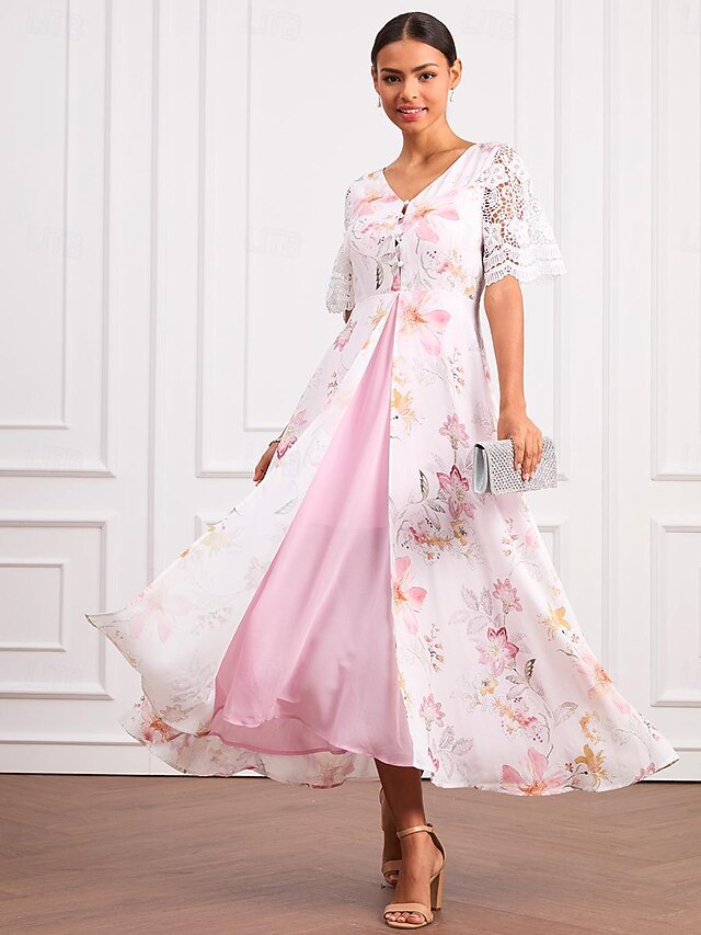 Women's Wedding Guest Cocktail Dress Floral Lace Button V Neck Maxi ...