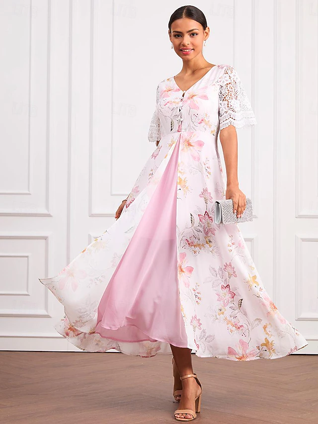 Women's Wedding Guest Cocktail Dress Floral Lace Button V Neck Maxi ...