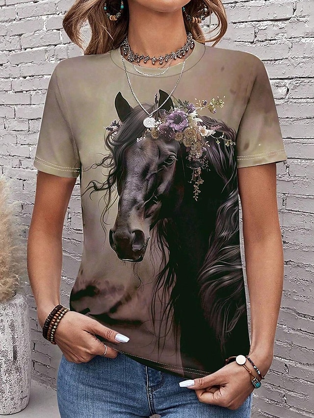 Women's T shirt Tee Ombre Horse Print Daily Casual Short Sleeve Crew ...