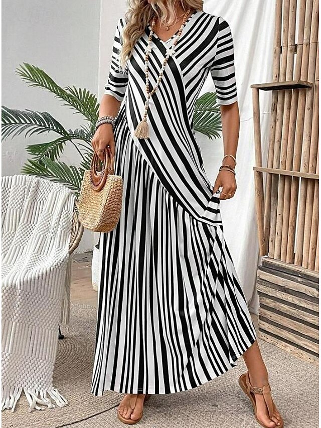 Women's Polyester Stripe Print V Neck Maxi Dress Casual Daily Vacation ...