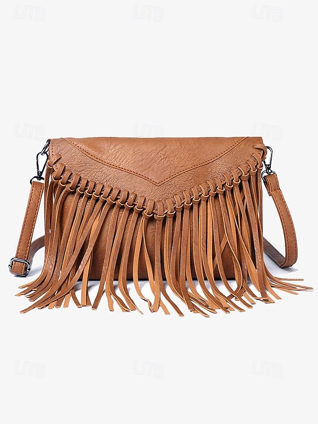  dámská hnědá třásňová crossbody kabelka s nastavitelným popruhem pro boho chic styl