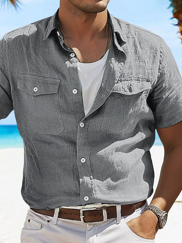  Homme Chemise Chemise Lin Chemisette Chemise d'été Chemise de plage Couleur unie Vacances Curise Vert Gris Claire Bleu clair Manche Courte Col plissé Printemps été Vêtement Tenue Poche