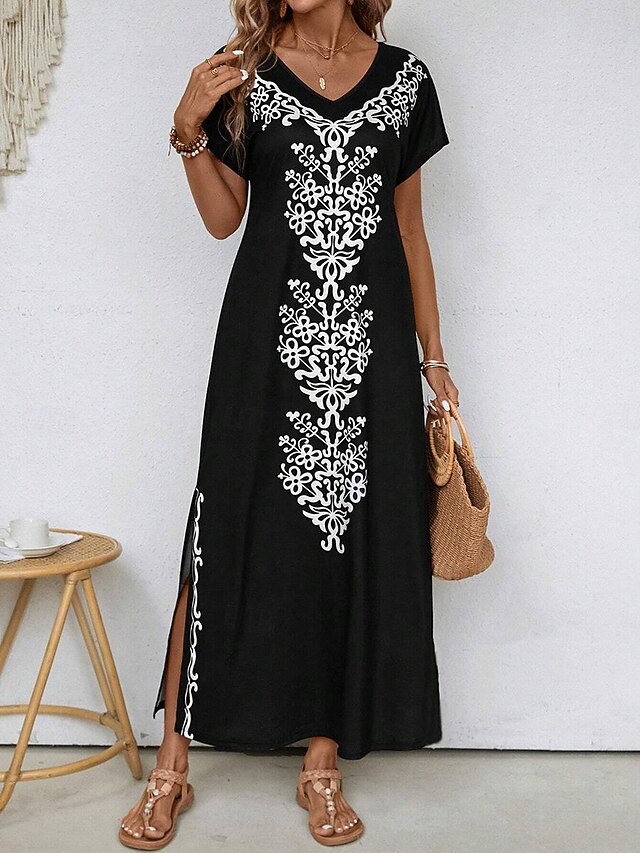 Women's Maxi Dress Sundress Shift Dress A Line Dress Ethnic Casual Drop Shoulder Daily Loose Fit Graphic Short Sleeve V Neck Black Summer4