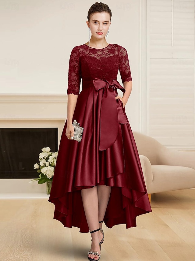  Abito A-Line da Madre della Sposa Abito da Sposa Elegante Alto Basso Collo a Gioiello Lungo fino al tè in Raso Pizzo Maniche Half con Nastro di Pizzo taglia personalizzata gratuita
