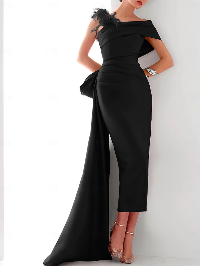 Sheath Evening Gown Elegant Dress Formal Sweep / Brush Train Sleeveless One Shoulder Satin with Feather Bow(s) 6