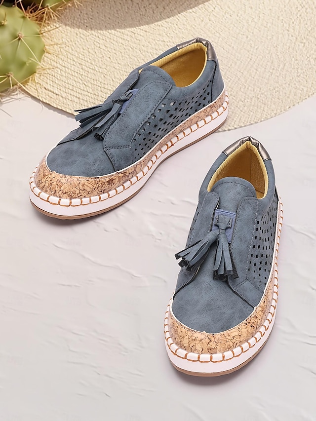 dámské ležérní střapcové mokasíny – modré semišové slip-on boty s perforovaným designem a korkovou podrážkou, pohodlné na léto i každodenní nošení