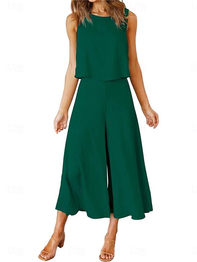 Women's Basic Tank Top Wide Leg Pants Sleeveless Crew Neck Plain Casual Weekend Black Pink Navy Blue Summer Regular Fit 5