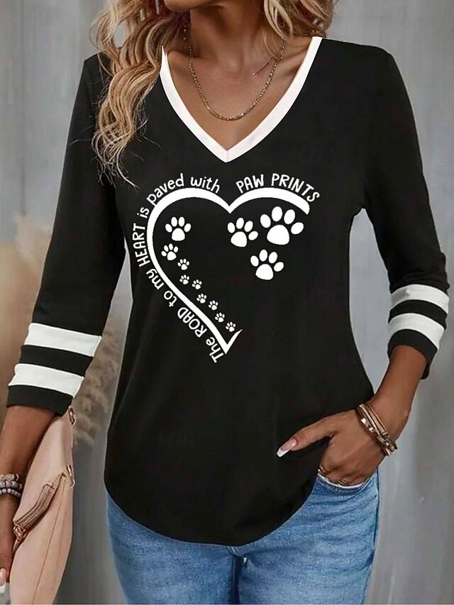 Women's T Shirt V Neck Long Sleeve Tunic Fashion Casual Print Regular Tops Daily Black Spring & Fall4