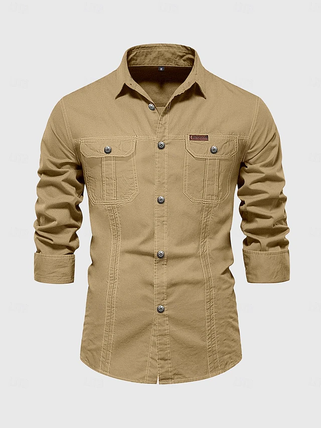 Men's Shirt Button Up Shirt Casual Shirt Work Shirt Cargo Shirt Navy Blue Green khaki Beige Long Sleeve Plain Collar Street Daily Front Pocket Clothing Apparel Fashion Casual Comfortable 5
