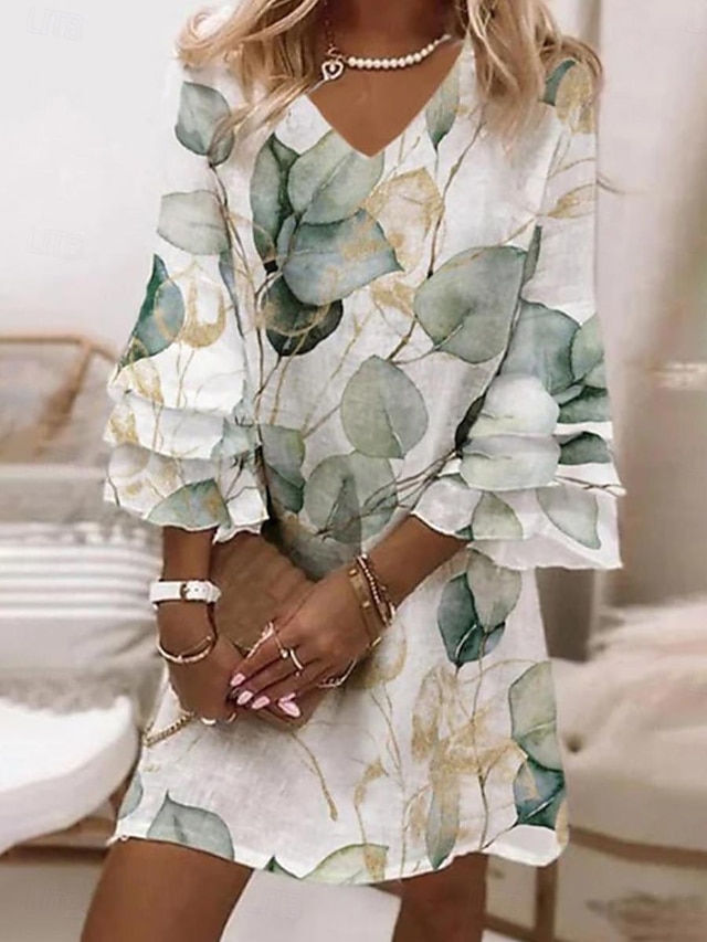  Pentru femei Rochie Mini Rochie Semi Formala Rochie Mini Rochie de Vară Rochie A line Stilat Mânecă cu volan Mânecă evazată Vacanță Fit regulat Imprimeu Paisley Lungime Manșon 3/4 În V Magenta Verde
