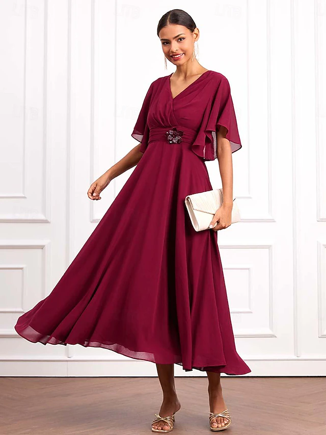 Women's Wedding Guest Cocktail Dress Wrap Dress Chiffon Ruffle V Neck Short Sleeve Maxi Dress Party Elegant Formal Wine Summer 11