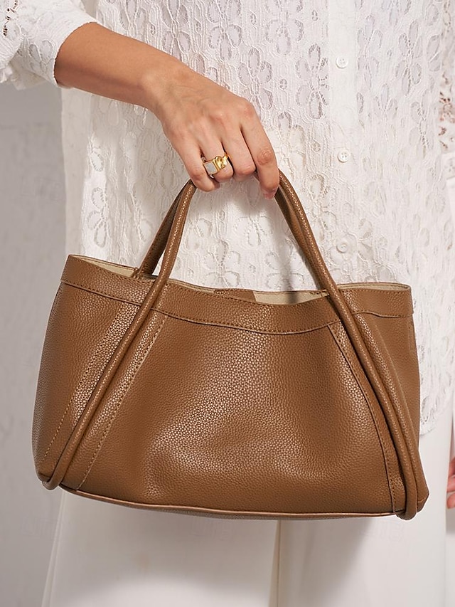  Women's Elegant Brown Leather Handbag with Dual Handles for Everyday Use