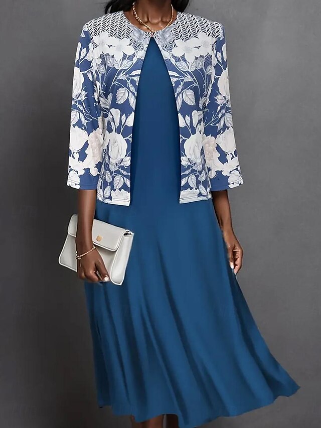 Women's Mini Dress Elegant Skirt Sets Skirt 3/4 Length Sleeve Crew Neck Floral Print Wedding Guest Daily Blue Summer Loose Fit4