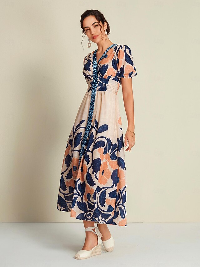 Floral High Waist Short Sleeve V Neck Maxi Dress 2025 - $65.99
