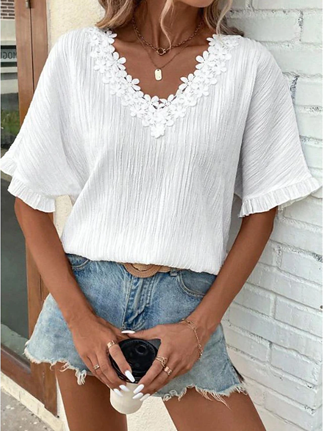 Women's White Elegant Lace Tops Eyelet Blouse Plain Lace Street Daily Fashion V Neck Regular Fit Romantic Petite Tops Summer Holiday Wear Semi Formal Blouses 5