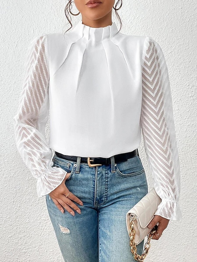  Overhemd Blouse Geklede topjes Dames Wit Blozend Roze Marineblauw Effen Netstof Straat Dagelijks Modieus Hoge nek Normale pasvorm S