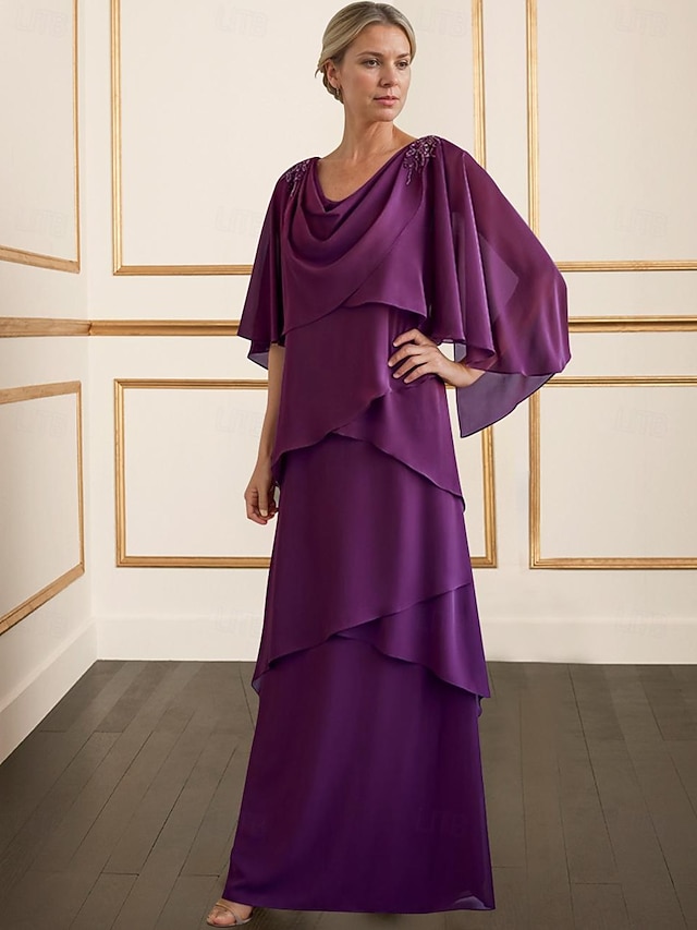 Robe M?�re de la Mari?�e Fourreau ??l?�gante Simple Col Bateau Longueur Maxi Chiffon Manches 3/4 