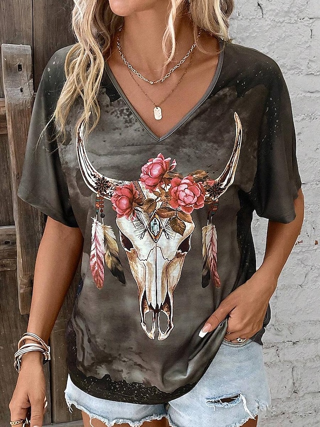  maglietta da donna casual floreale stampa mucca manica corta top regolari scollo a V quotidiano marrone estate